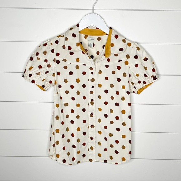 Anthropologie Tops - Odille Anthropologie Polka Dot Button Front Cotton Shirt Cream Mustard Size 2